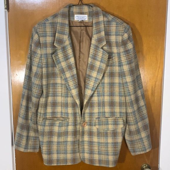 Vintage Plaid Blazer Light Academia Oversized Boxy Camel Blue XL - Picture 2 of 10